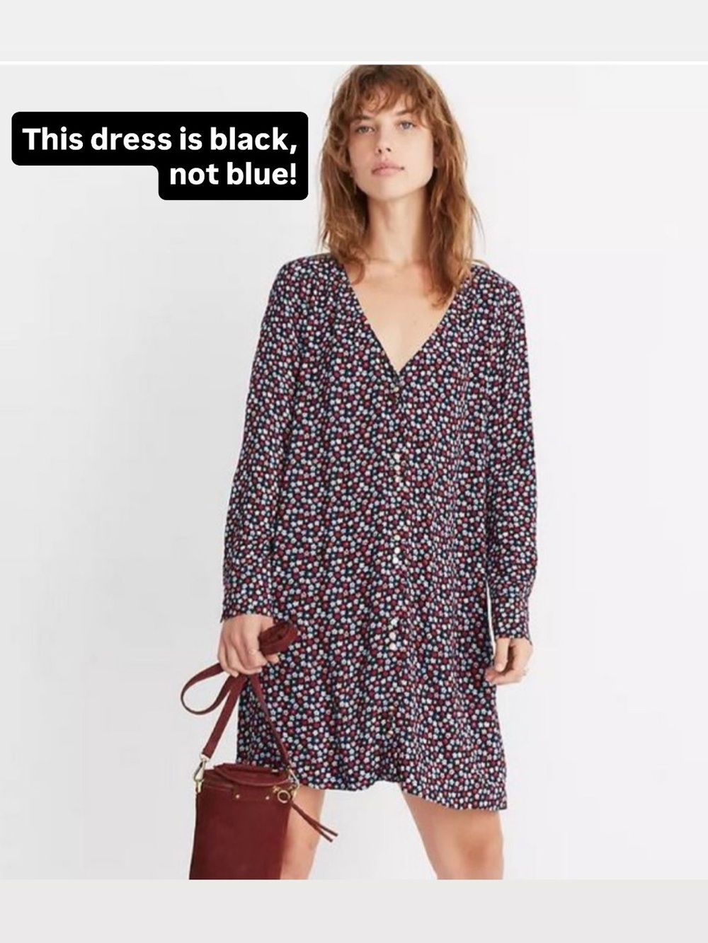 Madewell Black Floral Ditsy Long Sleeve Shift Dress